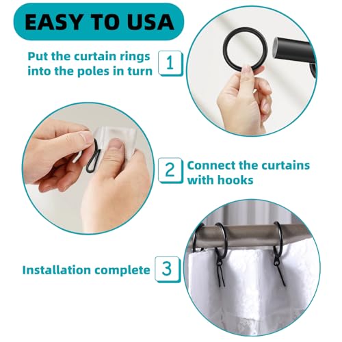 60 Metal Curtain Rings & Hooks Set - Durable Black 30mm Diameter