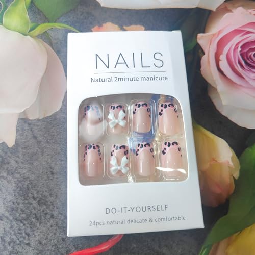 Pink Leopard French Tip Press on Nails with Bow and Rhinestones