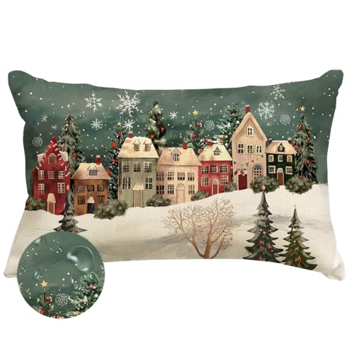 Outdoor Christmas Pillow Cover 12x20 Waterproof Forest House Decor - Green