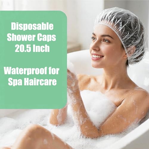 AURAADORN 100 Pcs Disposable Shower Caps 20.5 Inch Large Waterproof Plastic Bath Hair Caps