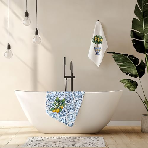 Chinoiserie Lemon Hand Towels - Set of 2, 16x24 Inch Decorative Kitchen & Bathroom Towels