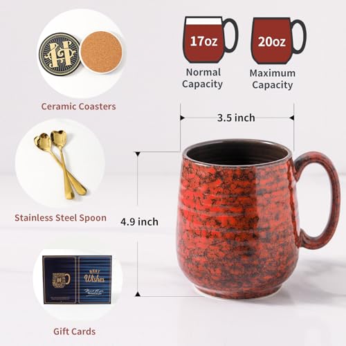 Blue & Red Ceramic Coffee Mug Set of 2 - 20 Oz Large Latte Cups with Handle, Gift Box & Coaster & Gold Spoon - Holiday Gift