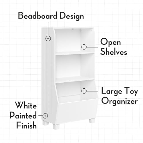 RiverRidge Kids Bookshelf with Veggie Storage Bin and 2 Open Shelves and 2 Aqua Fabric Bins - Kids Storage Organizer, Toy Shelf & Book Shelf