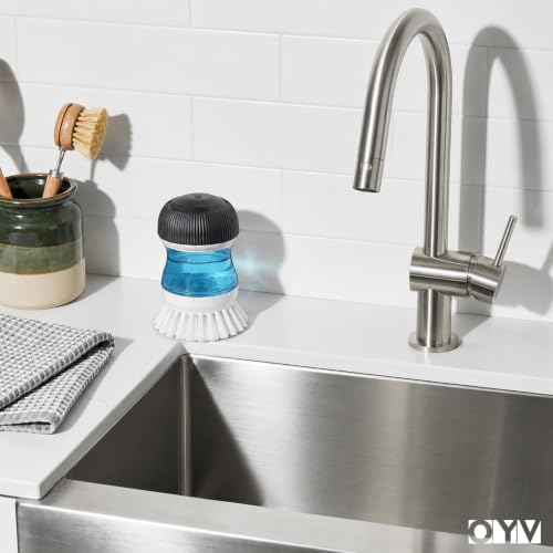 OYV Soap Dispensing Palm Brush - Durable Dish Scrub Brush, Black/Clear/White