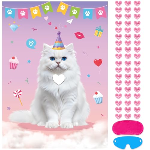 Cat Party Games Set - Pin the Heart on the Cat Poster with Stickers