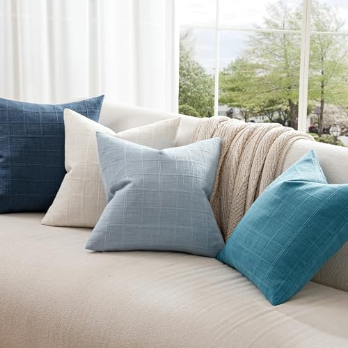 Set of 4 Blue Decorative Pillow Covers 18x18 Inch - Plaid Design