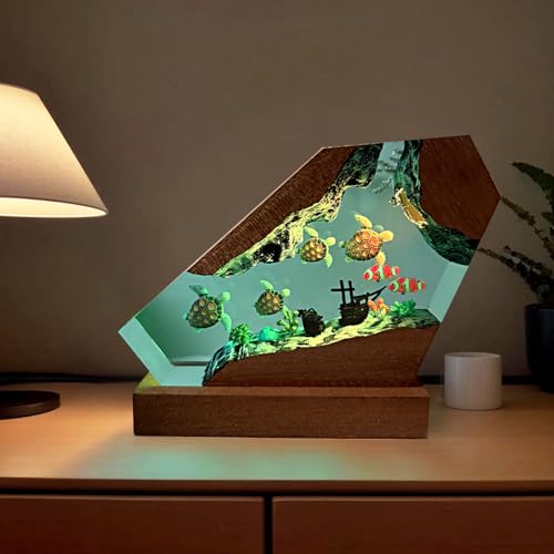 Handmade Sea Turtle Resin Ocean Lamp with Wood Base - S Variation