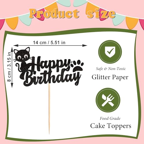Black Cat Happy Birthday Cake Topper - Glitter Party Decoration