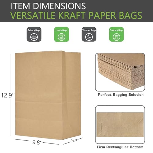 15 Pack Medium Kraft Paper Grocery Bags 12.9x5.5x9.8 inch, Eco-Friendly, 52LB Capacity