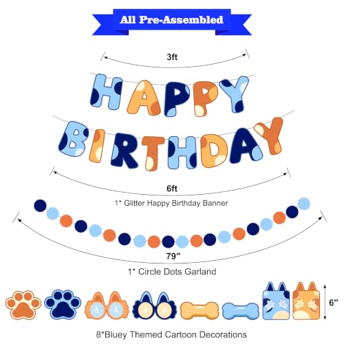 Blue & Orange Happy Birthday Banner Set - Pre-Strung Dog Theme Decorations