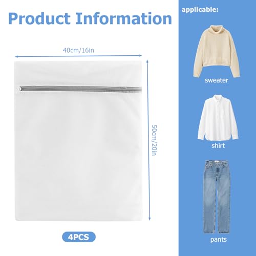 Mesh Laundry Bags for Delicates - 4 Pack, 20" x 16", Manual-Lock Zipper