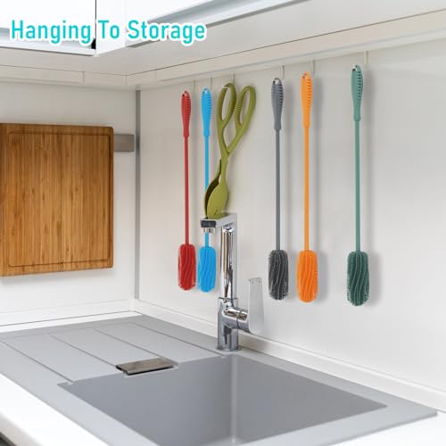 15.7" Silicone Bottle Brush, ddLUCK Water Bottle Cleaner Brush for Stanley, Hydroflasks, Glass, Thermos Sports Bottle, Vase and Glassware, Bottle Brush Cleaner for Small Narrow Neck Containers (Blue)