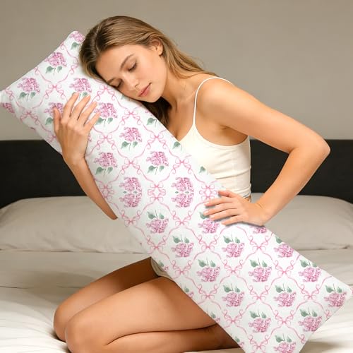 Coquette Pink Ribbon Bow Hydrangea Body Pillow Cover 20x54