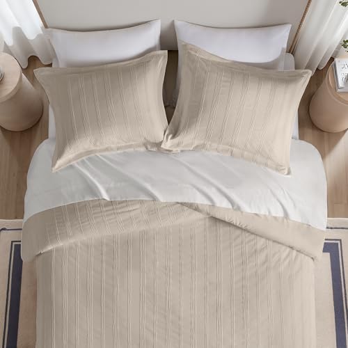 Madison Park Essentials Striped Duvet Cover Set Queen, Modern Minimalist Bedding Set with Premium Jacquard Stripe, 3 Pieces Duvet Cover Reversible with Zipper Closure & Corner Ties,Neutral