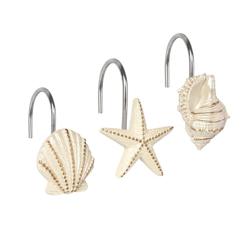 Ocean Theme Shower Curtain Hooks - Pearlescent Seashells & Starfish (12 Pack) by Sunlit
