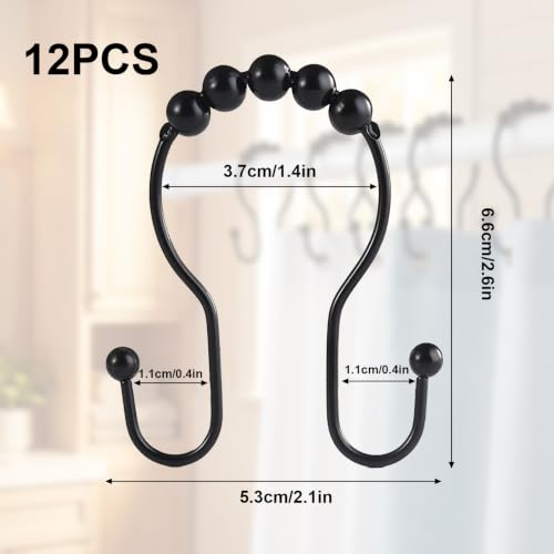 Durable Black Shower Curtain Hooks - 12 Rustproof Rings with Smooth Glide Design