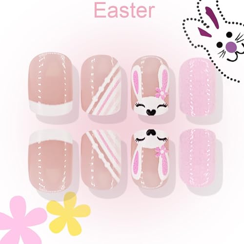 Easter Press on Nails Short Square White French Tip Fake Nails 24 Pcs