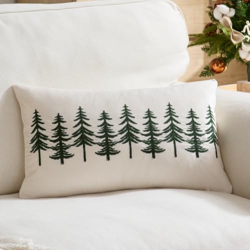Christmas Tree Winter Pillow Cover 12x20 Inch Embroidered Lumbar Decor - Green