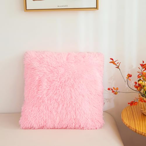Besfunny Pink Faux Fur Throw Pillow Covers 18"x18", Soft Fuzzy Set of 2
