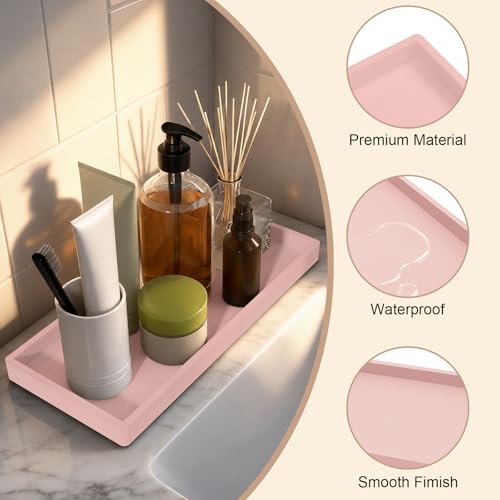BLESWIN Pink Silicone Bathroom Vanity Tray 7.8 x 3.9 Inch - Non-Slip Organizer for Perfume, Jewelry, Soap