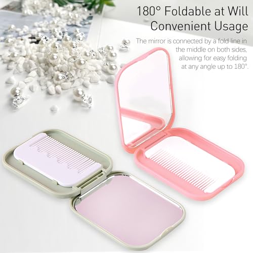 Jaasuee Folding Compact Pocket Mirror and Comb Set - Travel Makeup Mirror