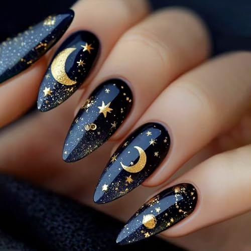 KTAABTR Gold Star Moon Long Almond Press on Nails Acrylic Fake Nails