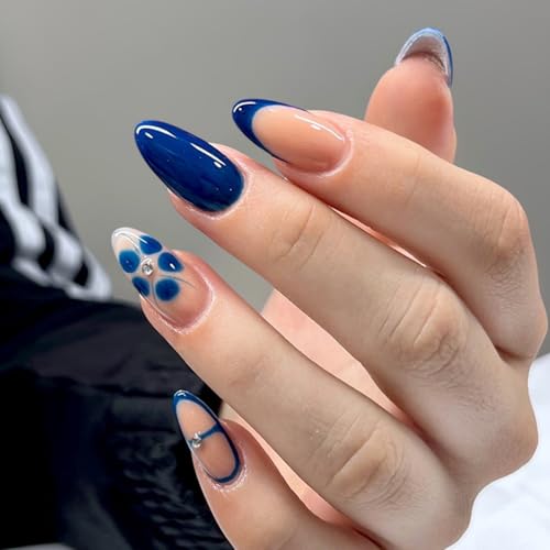 Blue French Almond Press on Nails with Rhinestones & Summer Flower Art