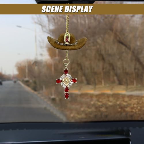 Cowboy Hat Car Charm with Cross - Handmade Rear View Mirror Ornament