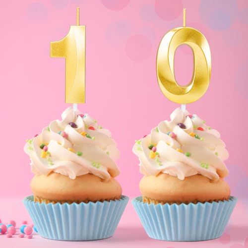 Gold Number 10 Birthday Candles - 10th Cake Topper Set