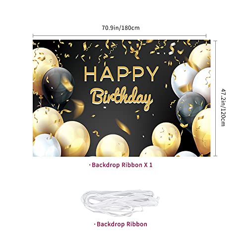 Happy Birthday Backdrop Banner - Black and Gold Party Decoration