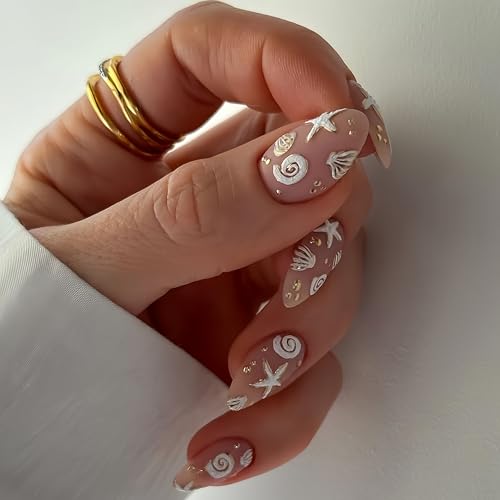 3D Nude Beach Press On Nails Almond Medium Fake Nails White Seashell