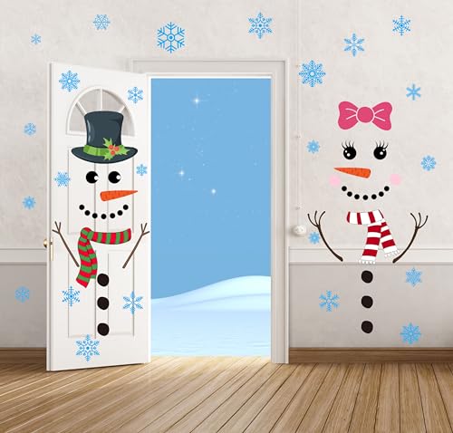 Christmas Snowman Door Stickers Set with Snowflakes - Holiday Wall Decals for Windows, Doors, Fridge