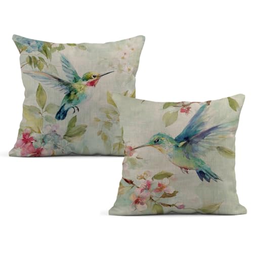 Watercolor Hummingbird Throw Pillow Covers, 18x18 Linen Set of 2