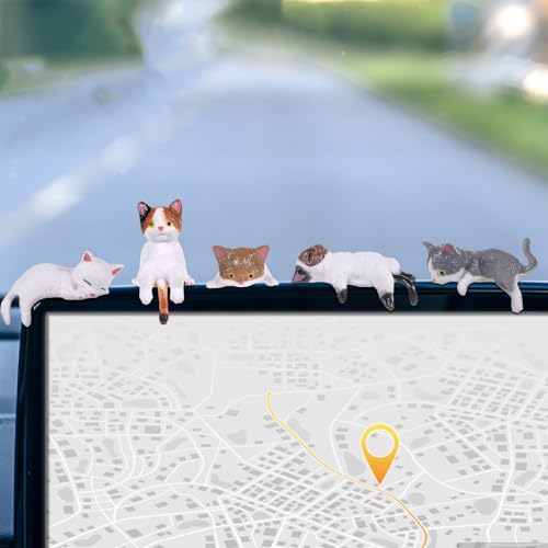Tucnoeu 5pcs Cute Brown Cat Figurine Set for Computer Monitor & Car Decor