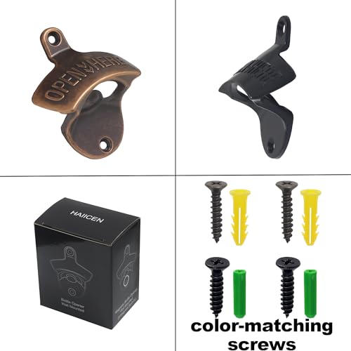 HAIICEN Wall Mounted Beer Bottle Opener Set - Black & Antique Copper, 2 PCS