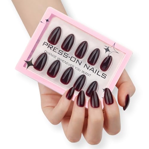 Dark Red Short Almond Press on Nails Glossy Solid Color False Acrylic Nails 30 Pcs