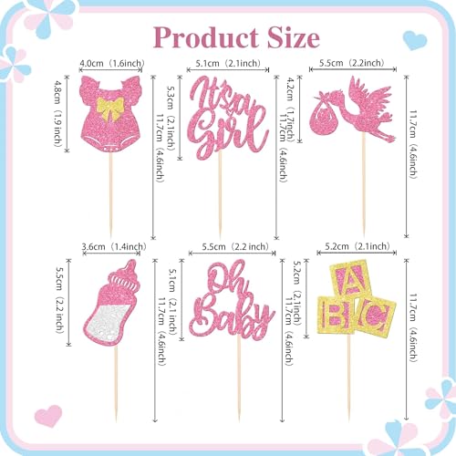 12 Rose Gold Glitter Cupcake Toppers for Baby Girl Shower