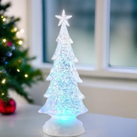 Color-Changing Christmas Tree Figurine - 10in Light-Up Acrylic Glitter Lantern
