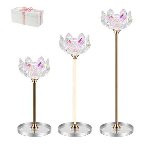 3pcs Crystal Lotus Flower Taper Candle Holders - 8.66" Elegant Centerpiece