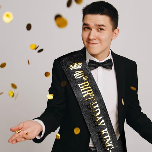 40th Birthday Sash for Men - Black Glitter King Sash with Gold Foil