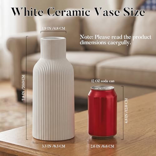 Modern Matte White Ceramic Ribbed Vase for Fresh & Dried Flowers