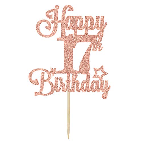 Happy 17th Birthday Cake Topper - Rose Gold Glitter Decoration