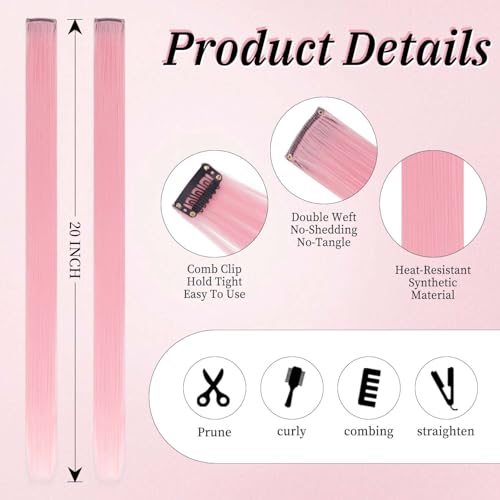 AIYCUN 20 Inch Light Pink Clip In Hair Extensions 10pcs Straight Synthetic Highlights