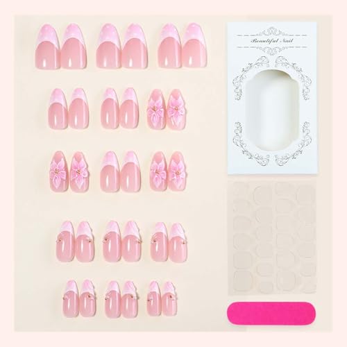 French Tip Press on Nails Medium Almond 3D Flower Pearl Glossy False Nails