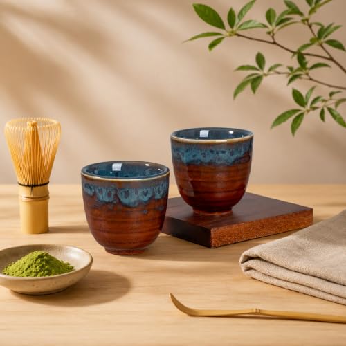 Peacock Tail Ceramic Japanese Tea Cups - Set of 2, 5 oz