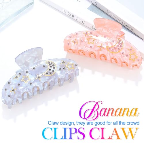 CAKURE Acrylic Hair Claw Clips 2-Pack Medium Shell Star Moon Rhinestone