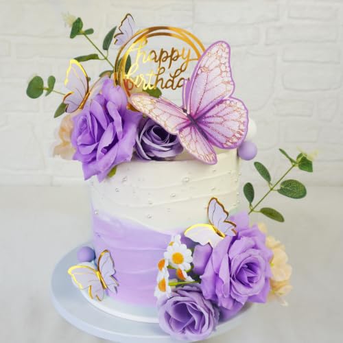 Purple Flower Butterfly Cake Toppers for Birthday & Wedding