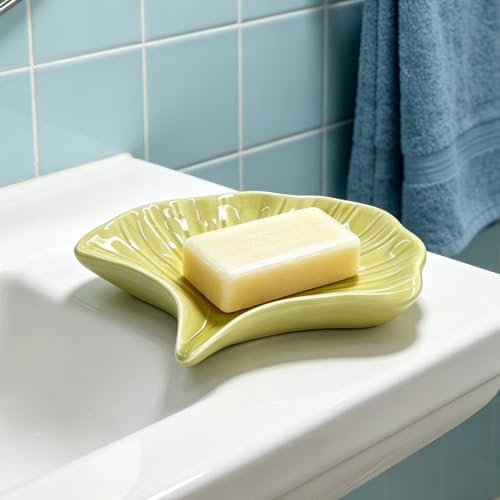 Ceramic Seashell Soap Holder - Self-Draining Elegant Tray (Green)