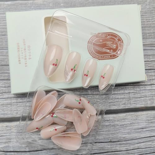 French Tip Press on Nails Medium Almond 3D Cherry False Nails