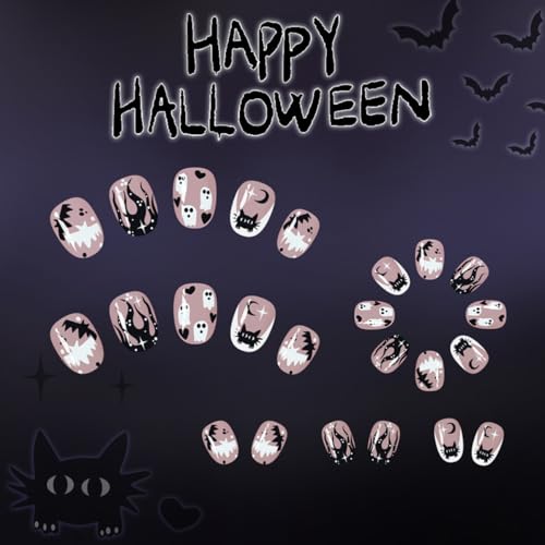 Halloween Press on Nails Short Acrylic False Nails Ghost Cat Design